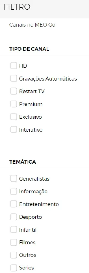 Filtros disponíveis Programação MEO TV
