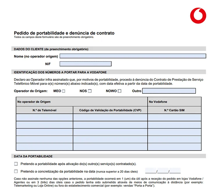 formulario portabilidade movel vodafone