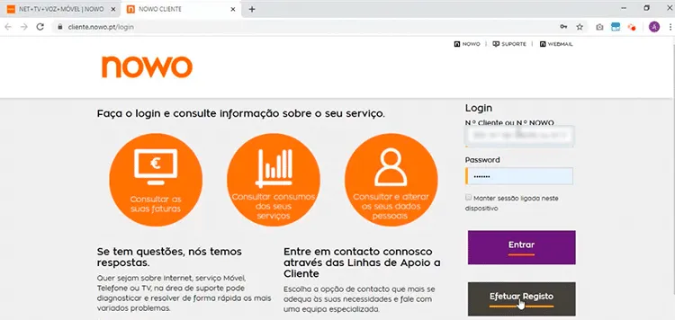 Registo Área Cliente NOWO