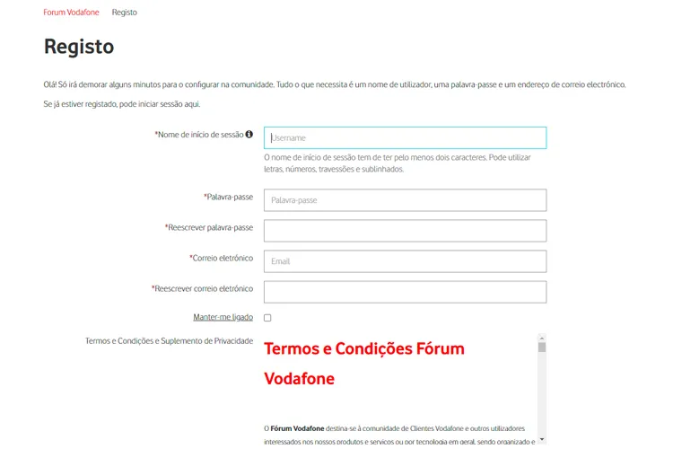 Fazer Registo no Fórum Vodafone