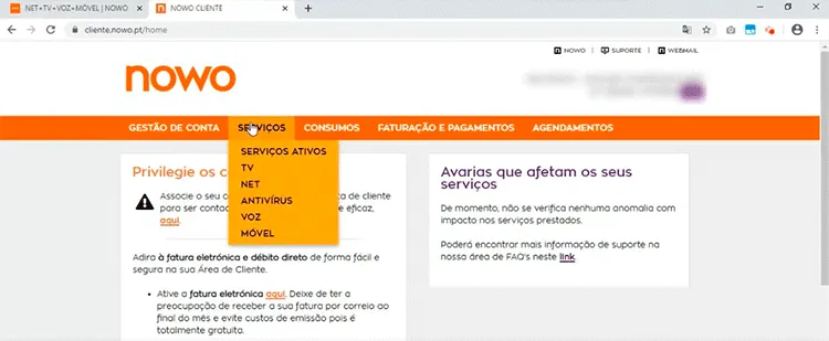 Serviços na Área de Cliente NOWO
