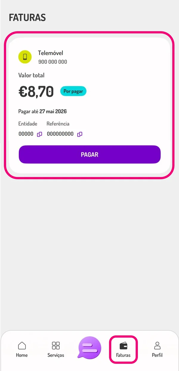 Ecrã Faturas da aplicação my UZO, com o valor total, a data-limite de pagamento e os campos Entidade e Referência