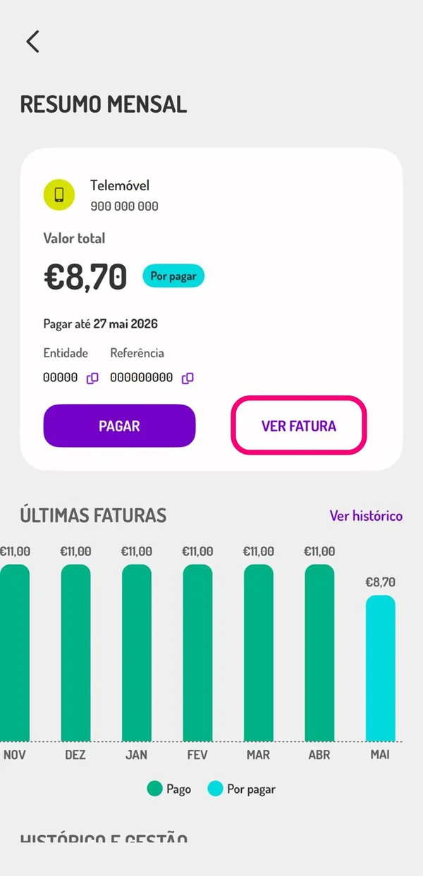 Ecrã Resumo mensal da my UZO, com o botão Ver fatura em destaque e o gráfico das últimas faturas