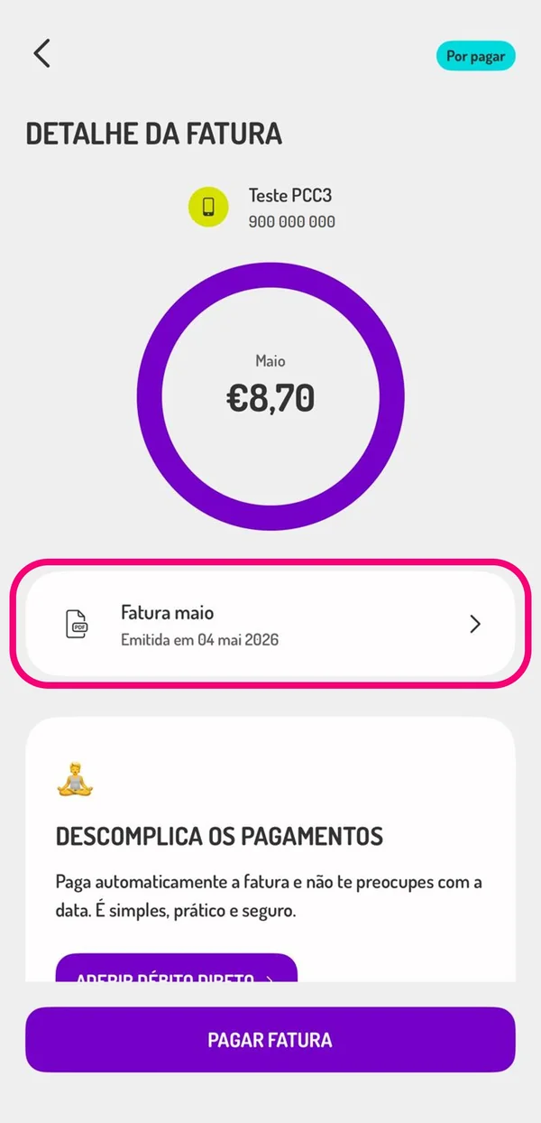 Ecrã Detalhe da fatura da my UZO, com a fatura em PDF e a data de emissão em destaque