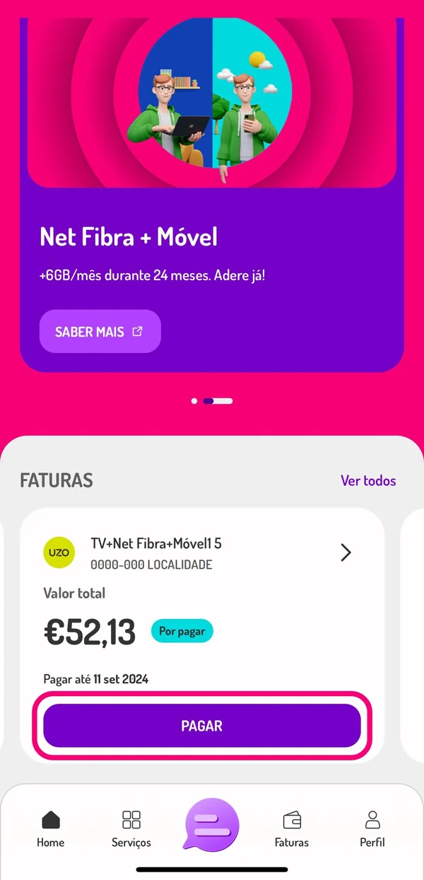 Secção Faturas da aplicação my UZO com o botão Pagar em destaque no cartão da fatura