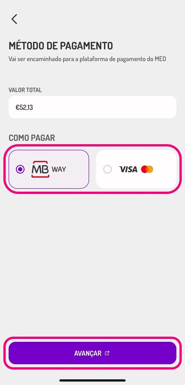 Ecrã Método de pagamento da my UZO, com as opções MB WAY e cartão VISA ou Mastercard